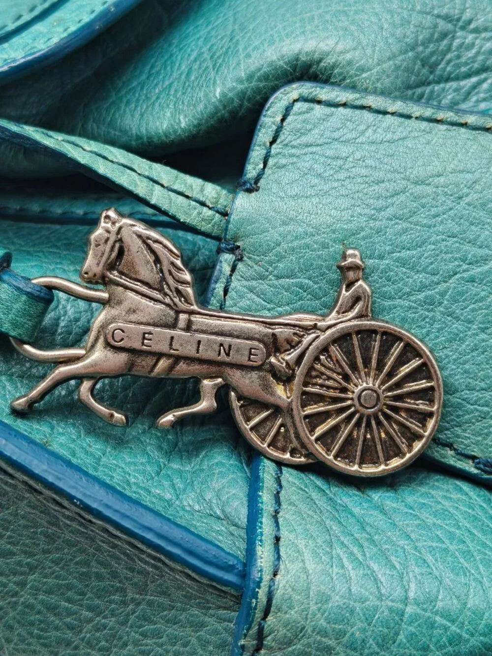 Celine Pebbled Leather Satchel Handbag Turquoise Blue Teal Silver Hardware